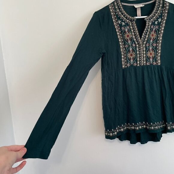KNOX ROSE Embroidered Knit Top Dark Green Floral Boho Long Sleeve Peasant Blouse - Picture 9 of 13